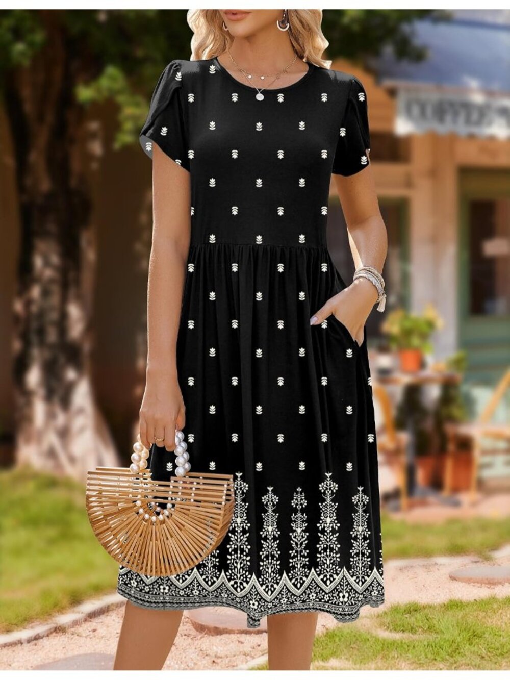 〽️Women's Black Floral Short Sleeve Midi Dress A Line Summer Dress with Pockets - Picture 3 of 6